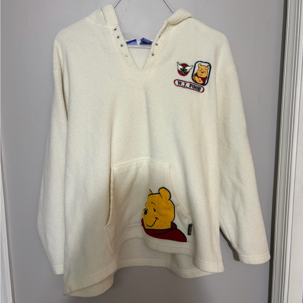 Disney Womens Leather Lace Up Fleece Pullover XL Cream Embroidered Pooh Bear